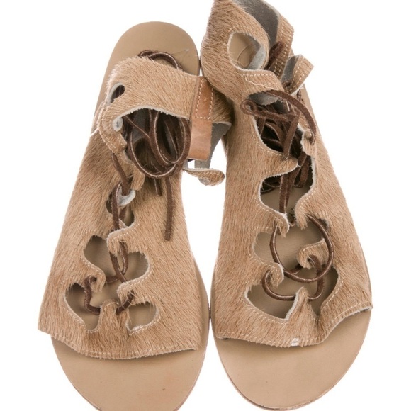 ANCIENT GREEK Tan Calf Hair Lace-up Sandals Sz 6 - Picture 3 of 6